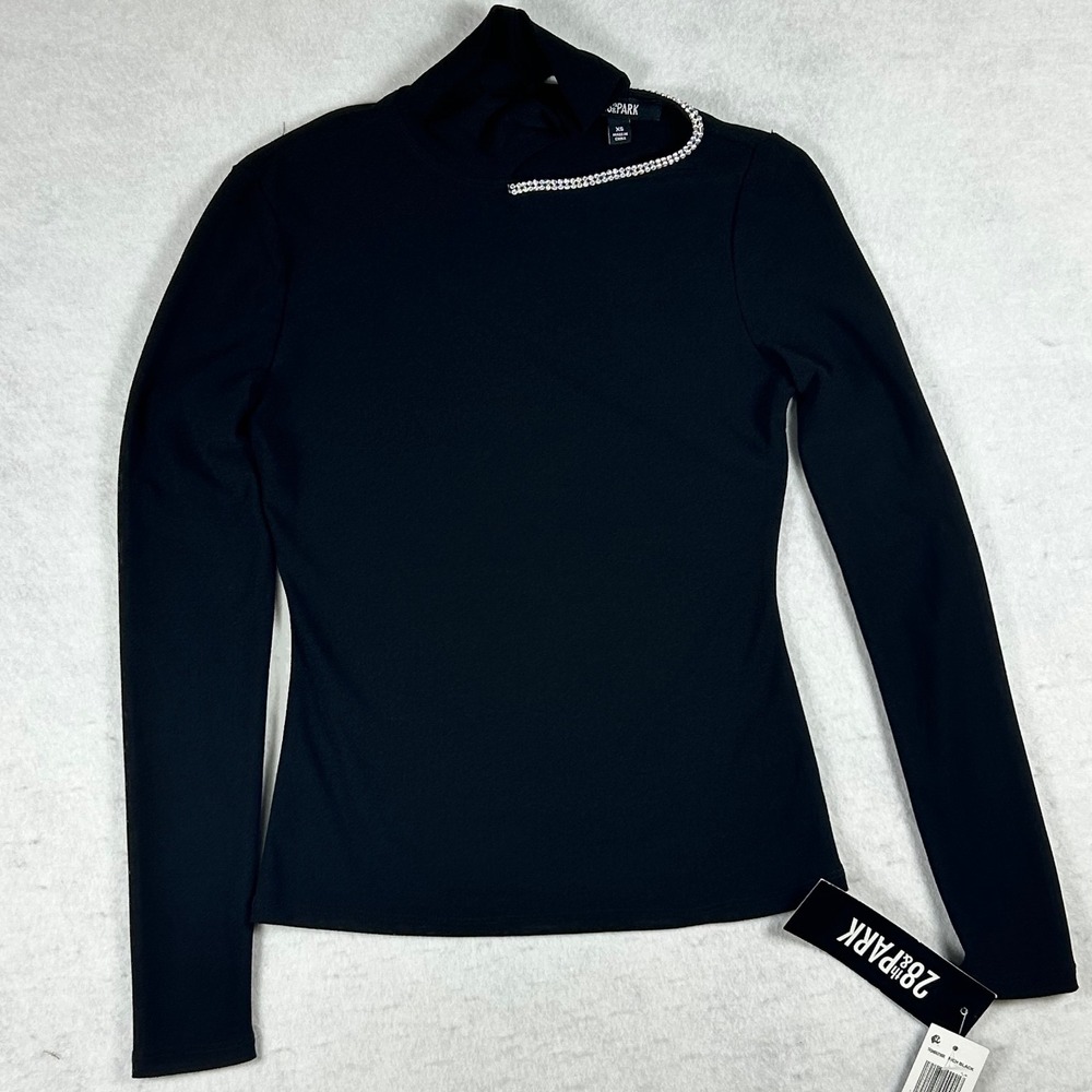 28th & Park Womens Black Rhinestone Mock Neck Cutout Long Sleeve Top XS New